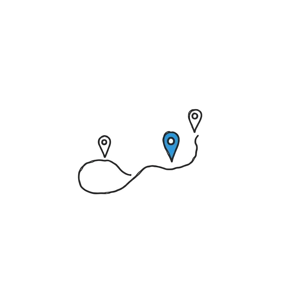 Winding path with three pins — hand-drawn